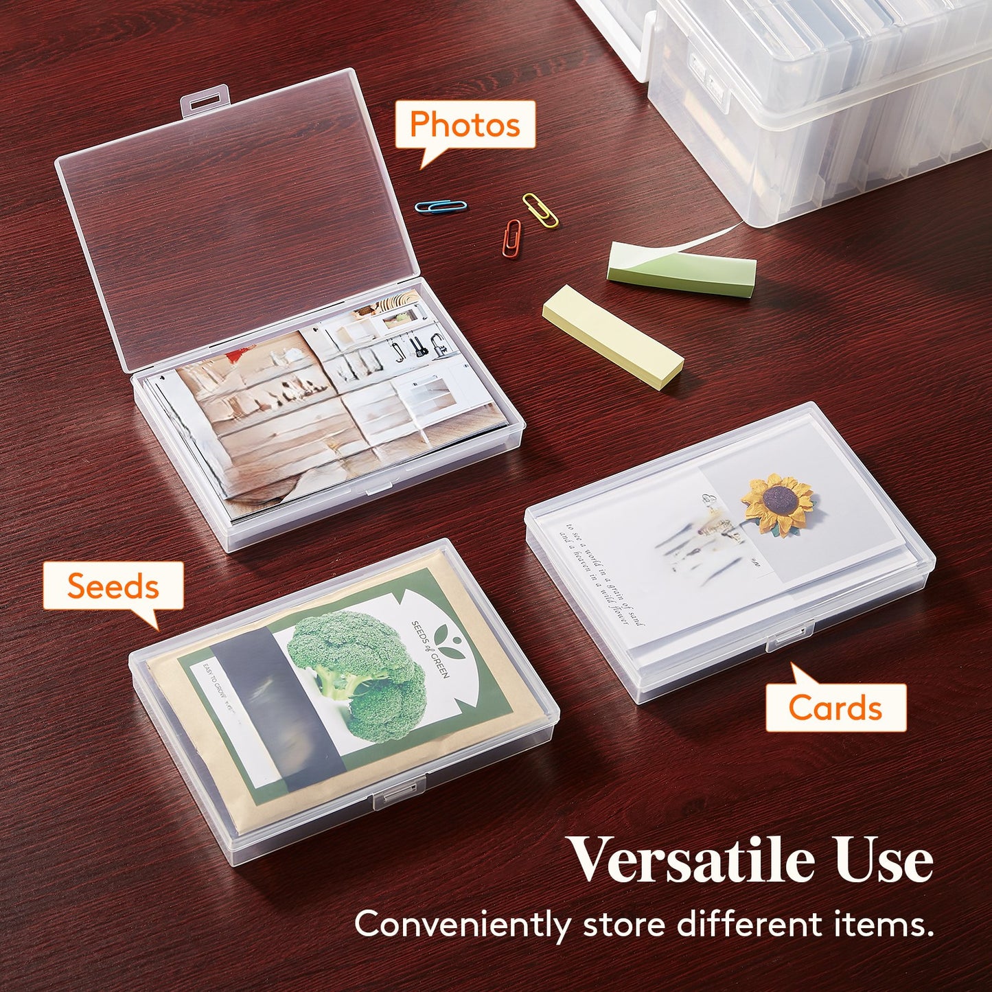 4x6 Photo Storage Box with 14 Inner Photo Keeper Cases Holds 1400 Photos Clear Plastic Photo Organizer with Lids Label Stickers BPA-Free for Cards Pictures Stamps Craft Office Supplies