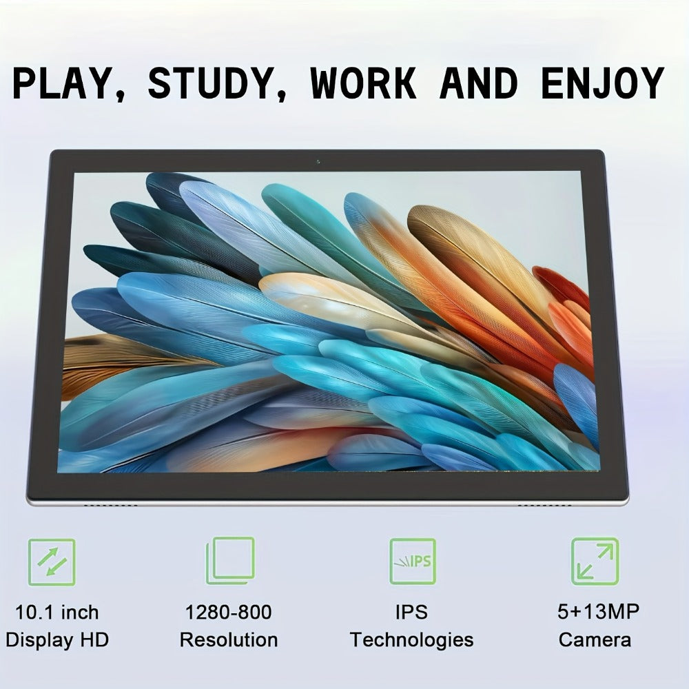2-in-1 Tablet with Keyboard 10.1 Inch Android 15 12GB RAM 128GB ROM Quad-Core 5G WiFi GMS Certified Type-C 13MP Dual Camera Portable Tablet PC for Work Study – Blue & Gray