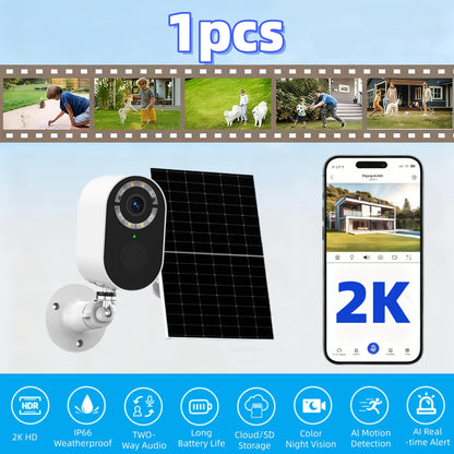 2K Solar Security Camera Outdoor Waterproof with Human Figure Alarm, Color Night Vision, 2-Way Audio, Low-Power WiFi Monitoring – Indoor Outdoor Pet Baby Surveillance Camera, 2.4G Wi-Fi