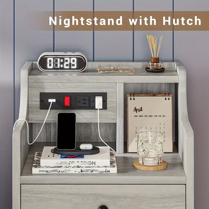 Nightstand with Power Outlets and USB Ports – 3-Drawer Hutch Charging Station | 2 Outlets 2 USB | Bedroom End Table Side Table | 14"D x 17.7"W x 26.8"H | Gray or White | Housewarming Gift