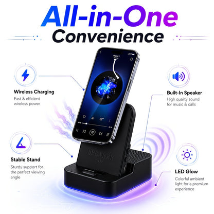 Magnetic Wireless Speaker Stand with Emergency Charging – 360° Adjustable Foldable Phone Holder, Portable Bluetooth Speaker, Compatible with iPhone & Android, for Home, Travel & Office