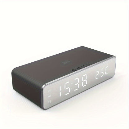 Alarm Clock Wireless Charger with Thermometer 3-in-1 LED Fast Charging Pad for iPhone & Android – 3 Alarms, 12/24H Display, Celsius/Fahrenheit, Power Saving Mode | Bedside Nightstand & Desk Gadget | Black & Silver