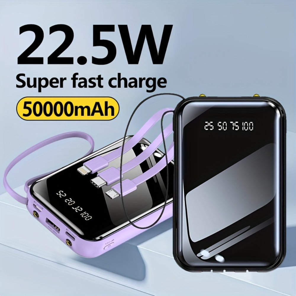 Built-in Cables Flashlight 50000mAh Power Bank Portable Charger, Fast Charging LED Display Emergency Battery Pack for iPhone Android Outdoor Travel Camping Hiking – Black Purple Available
