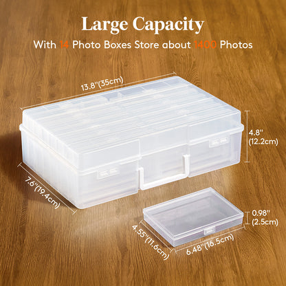 4x6 Photo Storage Box with 14 Inner Photo Keeper Cases Holds 1400 Photos Clear Plastic Photo Organizer with Lids Label Stickers BPA-Free for Cards Pictures Stamps Craft Office Supplies
