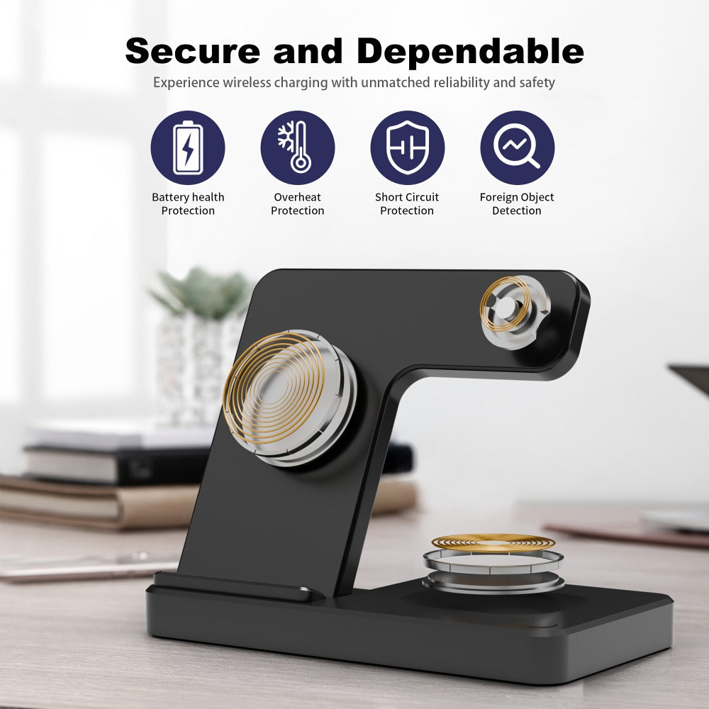 Foldable 3-in-1 Wireless Charging Station with LED Indicator & Anti-Slip Fast Charge for iPhone 17 16 15 14 13 12 11 Pro Max XR XS, Apple Watch Ultra Series 11 10 9 8 7 6 5 SE, AirPods 4 3 2 Pro & Samsung Galaxy – Black White, With/Without Adapter