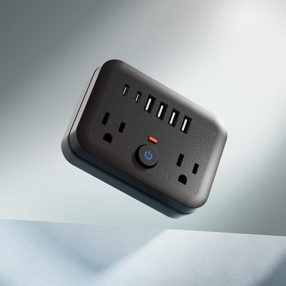Compact Travel Surge Protector Power Strip 8-in-1 with 2 AC Outlets 4 USB-A Ports 2 USB-C Jacks Overload Protection Wall Mount Mini Portable Charging Station for Home Office Travel – Black or White