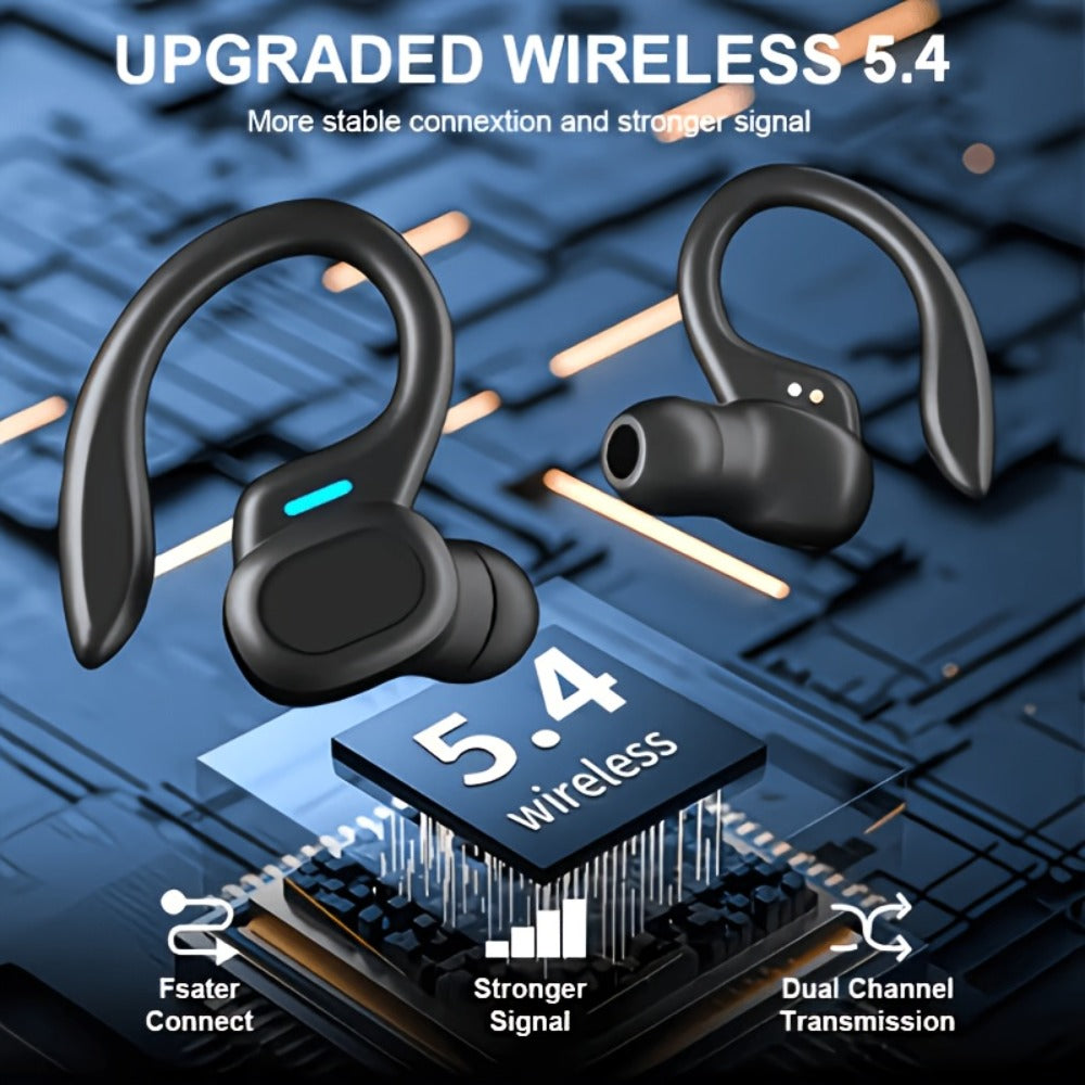 Earhook Open-Ear Sports Earbuds Bluetooth 5.4 LED Digital Display Charging Case 8H Playback Built-In Mic Wireless Headphones for Running Workout Gym Cycling Black Red