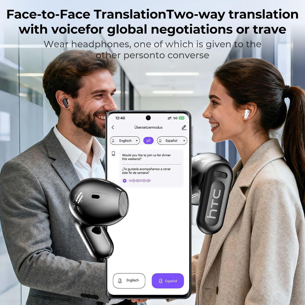 AI Translation Earphones Real-Time 134 Languages TWS Wireless Bluetooth Earbuds HTC NE20 HD Screen Touch Control High Fidelity Sound Long Battery Life for Travel Business Daily Wear