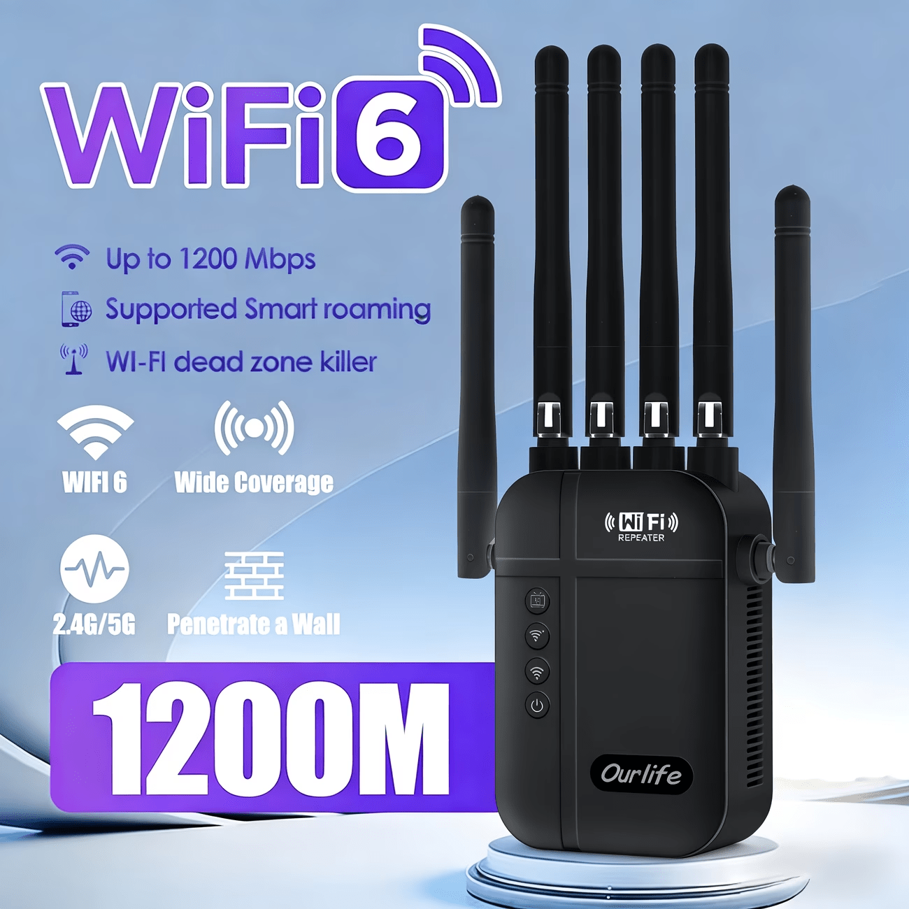 WiFi Extender 1300Mbps Dual Band AP & Relay Mode - 4 Powerful Antennas Full House Coverage, Ethernet Port, Eliminates Dead Zones, for Home Office Gaming Streaming, White Black