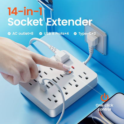 14-in-1 Power Strip with Surge Protector – 8 AC Outlets & 6 USB Ports (2 USB-C), Flat Plug Space-Saving Design, Overload Protection for Home Office School, Available in Black & White