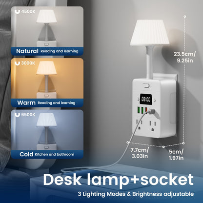 Desktop Power Strip with LED Desk Lamp & Clock 9-in-1, 4 AC Outlets & 5 USB Ports (3 USB-A & 2 USB-C), Surge Protection & Overload Safety for Office, Study, Home & School