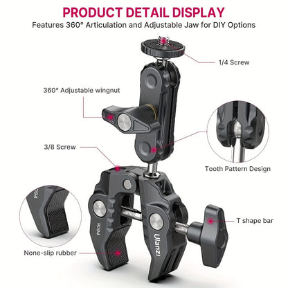 ULANZI Super Clamp 360° Ballhead Magic Arm Double Ball Head Camera Mount with 1/4"-20 & 3/8"-16 Thread for Canon Nikon DSLR, Action Camera, LED Lights, DJI Ronin & Freefly MOVI
