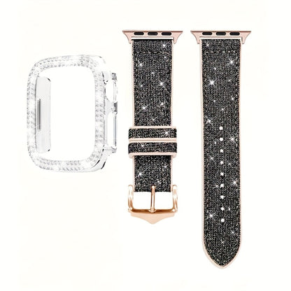 Apple Watch Band with Case Crystal Rhinestone Bling, Chameleon Color-Shift Strap + Shockproof Hard PC Cover, Compatible with Apple Watch Series 1-9 SE Ultra 38mm to 49mm S10 – Rose Gold Black Silver Women