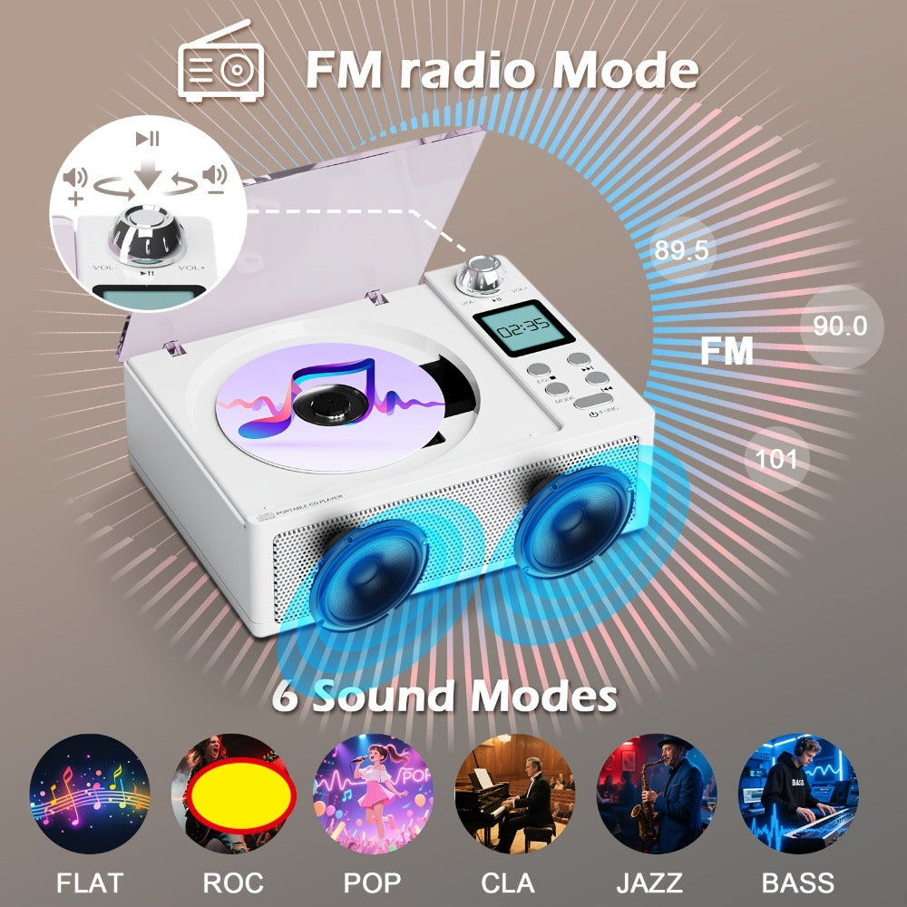 CD Player with Bluetooth Receiver FM Radio Dual Stereo Speakers, USB Player AUX Input Type-C Charging LED Display Remote Control, Multifunctional Home CD Music Player with Earphone Jack