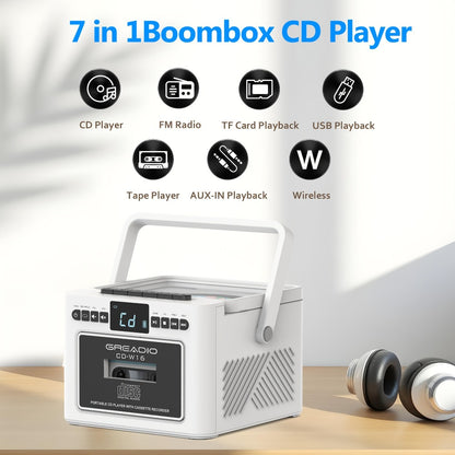 Boombox CD Cassette Player Rechargeable 5000mAh Battery 5W Dual Stereo Speakers FM Radio Tape Recording AUX SD USB 3.5mm Jack Portable Home Audio Player