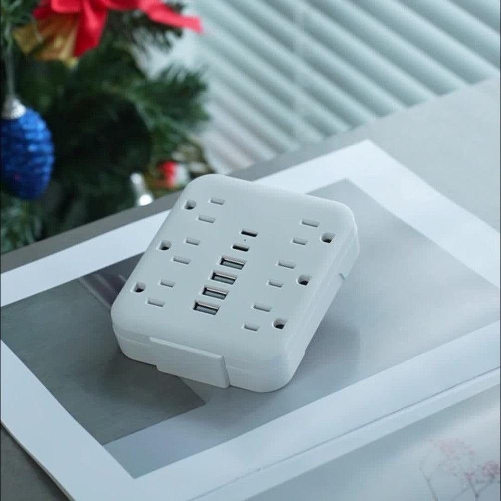 Bedside Wall Power Strip 12-in-1 with 6 AC Outlets, 4 USB-A & 2 USB-C Ports – Multi-Socket Charging Station for Home, Office, Bedroom & Travel, White & Black
