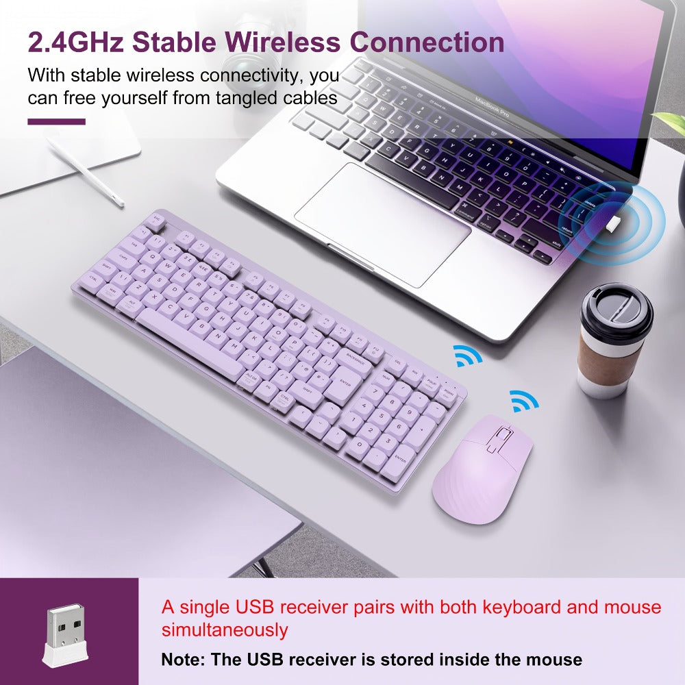 Wireless Keyboard and Mouse Combo 98 Keys Full Size – 2.4GHz, Mechanical Feel, Quiet Keys, Ergonomic Design for PC, Mac, Laptop, Office & Gaming | 3 Color Options