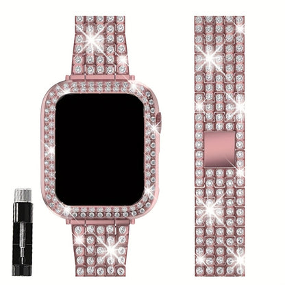 Rhinestone Diamond Bling Apple Watch Band for Women Girls – Five-Point Diamond Double-Row Crystal Strap Compatible with Apple Watch Ultra 2 Series 10 9 8 7 6 5 4 3 2 1 SE 38 40 41 42 44 45 49mm Gift