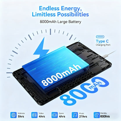 2-in-1 Tablet Android 15, 10.1 Inch Tablet with Keyboard Case Stylus, 8GB RAM 128GB ROM, 8000mAh Battery, 5G WiFi, 5MP+16MP Dual Camera, 1280x800 FHD IPS, Tablet PC for Adults Kids