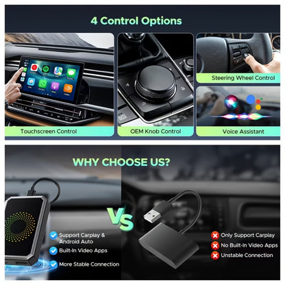 3-in-1 Wireless CarPlay Adapter Magic Media Box with Netflix YouTube TikTok Streaming & USB Port, Converts Factory Wired Apple CarPlay & Android Auto to Wireless, Plug-and-Play, iOS 10+, Black