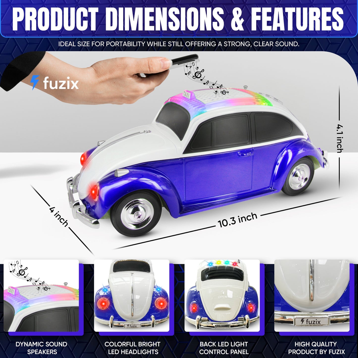 Fuzix WS-1958 Vintage Car Bluetooth Speaker with LED Headlights & Taillights | Retro Wireless Stereo, FM Radio, AUX/USB/TF, Built-in Mic, Rechargeable – Novelty Gift for Car Enthusiasts & Music Lovers