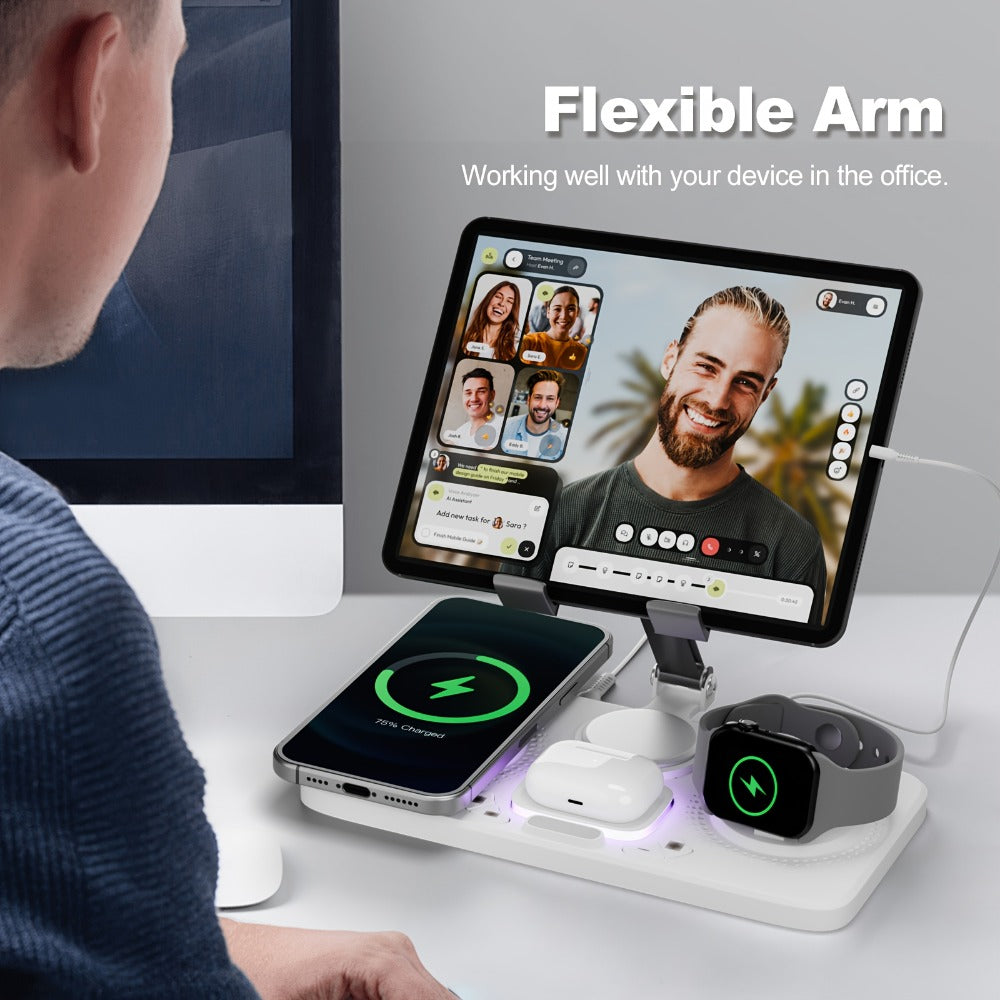 6-in-1 Wireless Charging Station with Clock Display & Atmosphere Light 15W Fast Charger Dock – Tablet Stand, Charges 4 Devices at Once | iPhone 17/16/15/14/13/12, Apple Watch, AirPods | Black & White