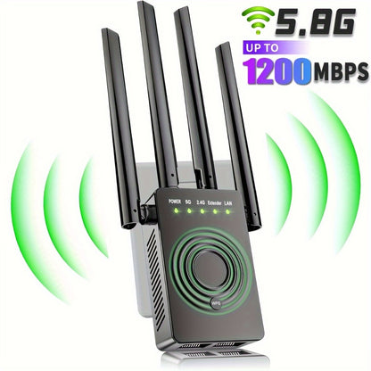 12880 Sq Ft WiFi Booster 1200Mbps Dual Band - Long Range Signal Extender Repeater Covers 105 Devices, Built-In Ethernet Port, WPS Easy Setup for Large Home Office Basement Garage Backyard