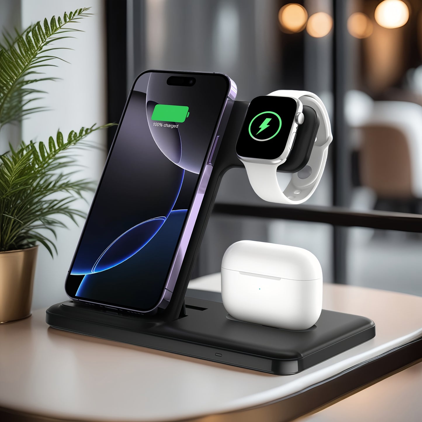 USB-C 3-in-1 Wireless Charging Station Upright Stand – Fast Charge Dock for iPhone 16 15 14 13 12 Pro Max, Apple Watch Ultra Series 10 9 8 7 SE & AirPods Pro 2 | Black & White