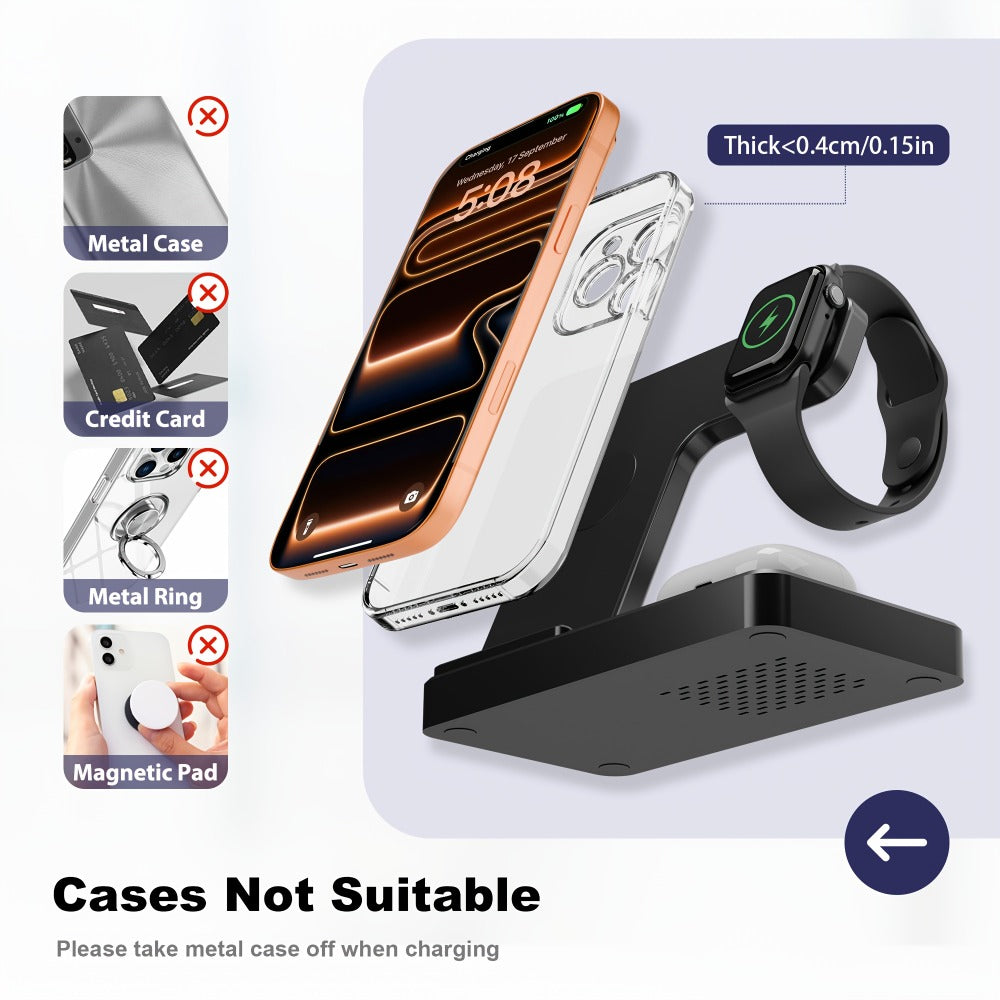 Vertical Horizontal Wireless Charging Station 3-in-1 Foldable 15W LED Indicator – Fast Charger for iPhone 17/16/15/14/13/12, Apple Watch Ultra 2/Series 10/9/8/7 & AirPods Pro 4/3/2 | Portrait Landscape Stand | Black & White