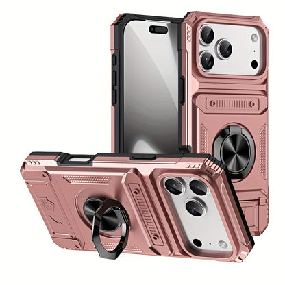 iPhone Card Slot Shockproof Case with Ring Holder & Kickstand – Wallet Phone Cover for iPhone 17 17 Air 17 Pro Max 16 15 14 13 12 11 Pro Max Plus Mini | Heavy Duty Drop Protection