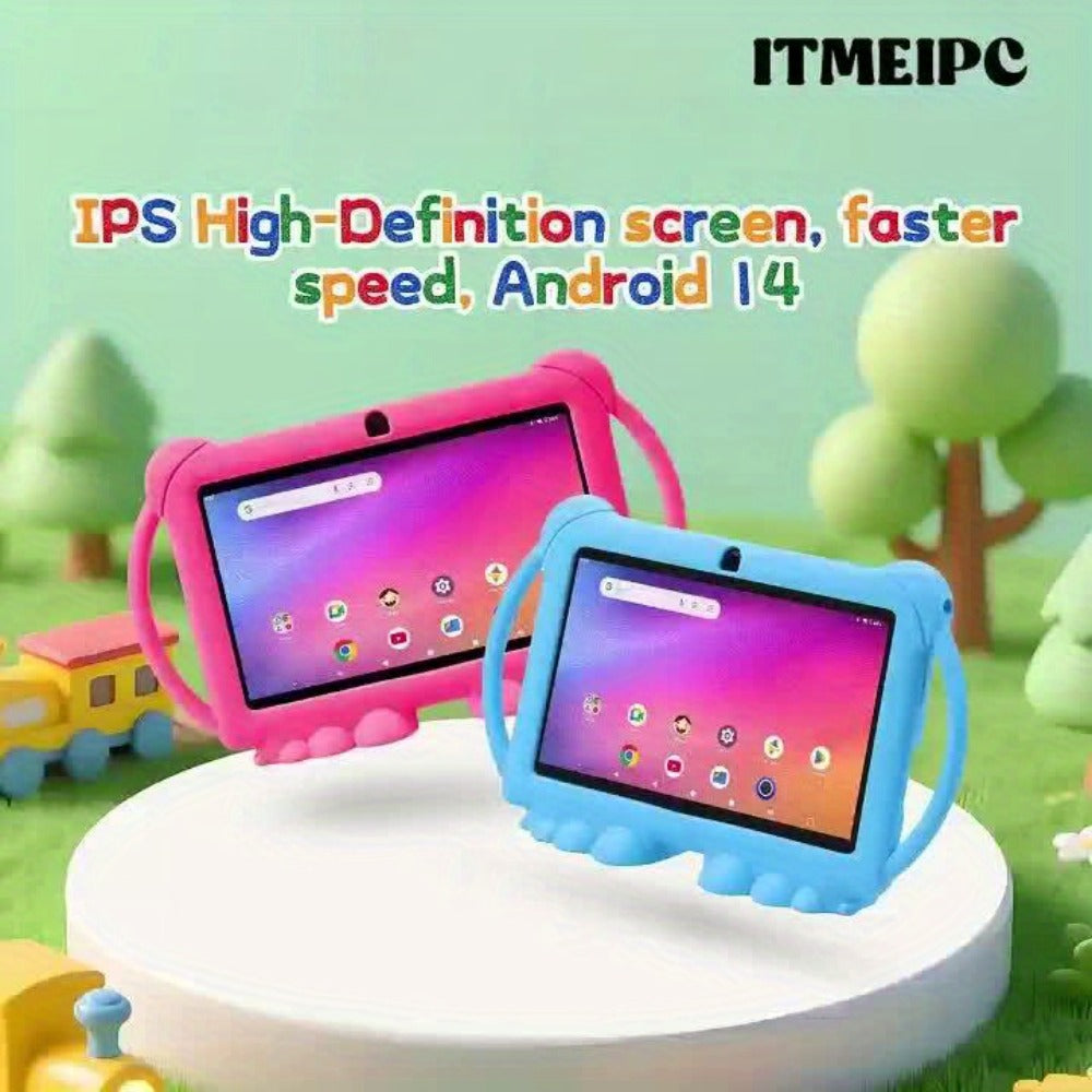Kids Tablet 7 Inch Android 14, Shockproof Protective Case 4GB RAM 32GB ROM, Parental Mode WiFi 6 Dual Camera, IPS HD Display Quad-Core Mali T820 USB OTG, Children Learning & Entertainment Tablet – Blue Pink