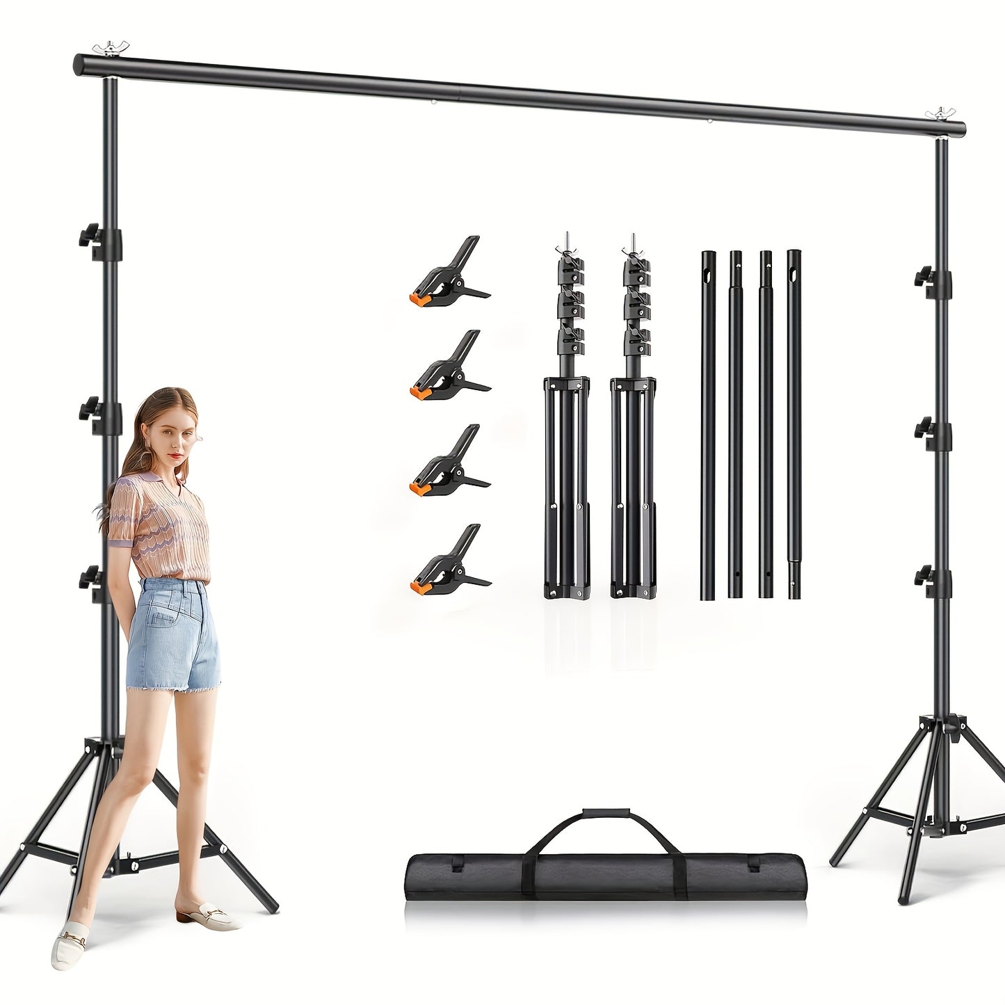 10x10FT Backdrop Stand Kit, 2 Adjustable Background Supports with 4 Crossbars, 4 Clamps and Carrying Bag, Iron Photo Video Studio Stand for Photography, Parties, Decoration