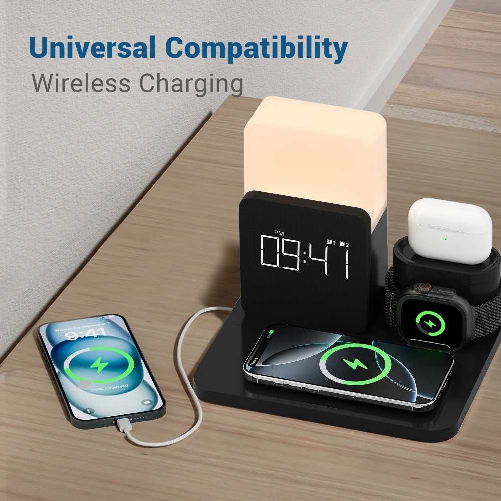 Alarm Clock 3-in-1 Wireless Charging Station with Clock Display – Bedside Charging Dock for iPhone 16 15 14 13 12 & Samsung Galaxy, Charges Phone Watch & Earbuds Simultaneously | Black White Gray