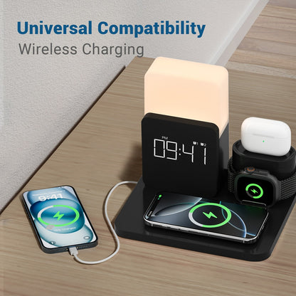 Alarm Clock 3-in-1 Wireless Charging Station with Clock Display – Bedside Charging Dock for iPhone 16 15 14 13 12 & Samsung Galaxy, Charges Phone Watch & Earbuds Simultaneously | Black White Gray