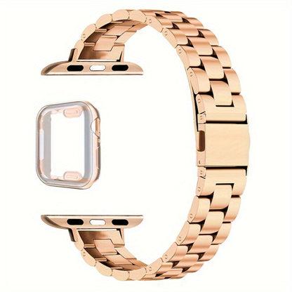 Slim Waist Apple Watch Steel Band & Half Shell Case 3-Piece Set – 2 Stainless Steel Bands + Protective Case Compatible with Apple Watch Series 1–9 SE Ultra 38 40 41 42 44 45 49mm – Gold Silver Rose Black