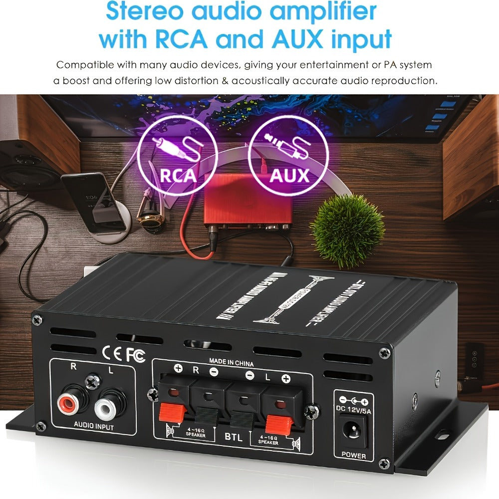 600W Mini HiFi Stereo Power Amplifier, Dual-Channel Class AB Compact Audio Amp, 2.0 Channel, RCA & AUX Input, Bass & Treble Control, Sound Amplifier for Home Theater, Computer & Car Audio (No Power Cord)