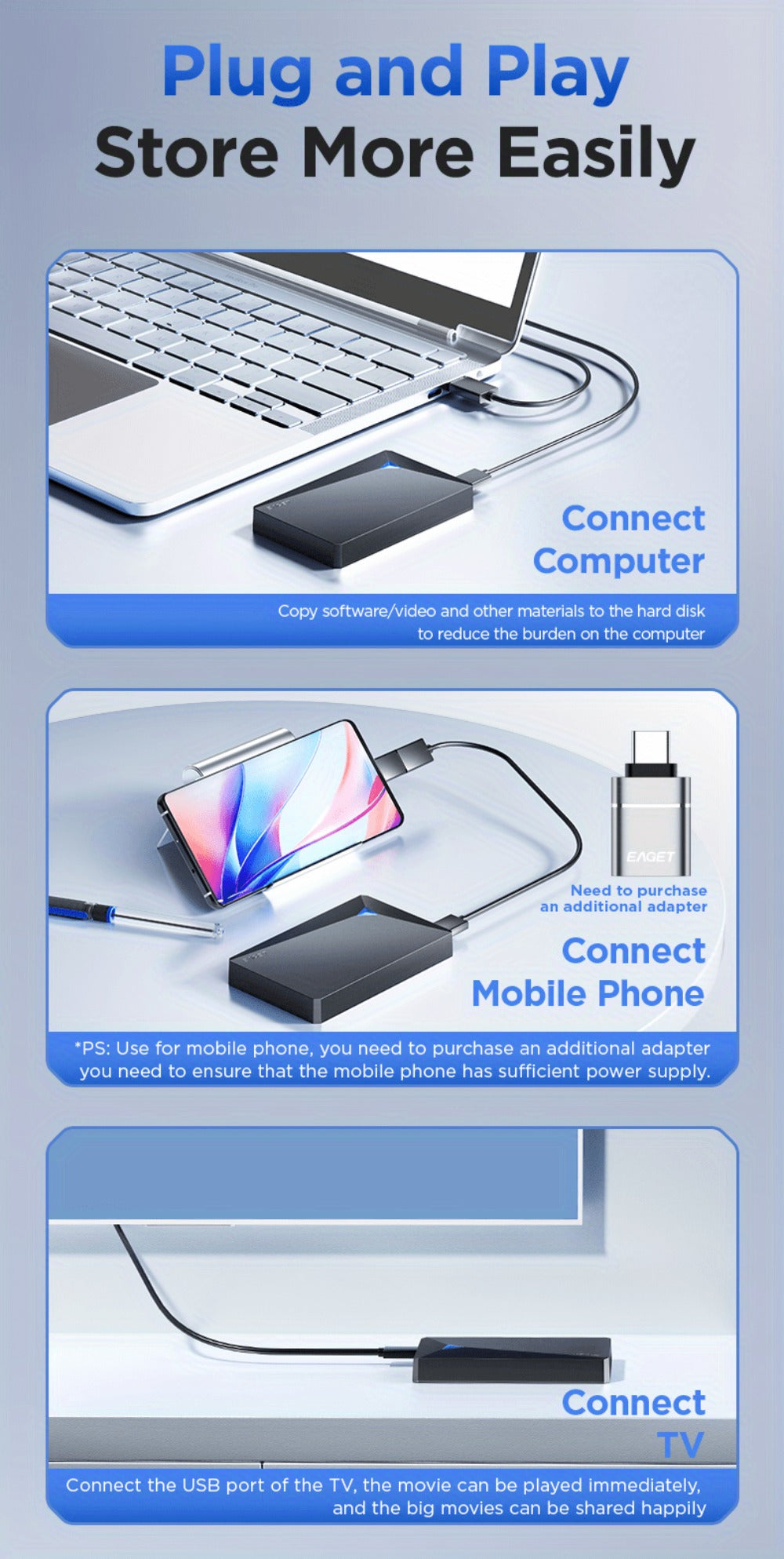 1TB Dual-Disk External Hard Drive USB 3.0 5Gbps High Speed 2.5 Inch Portable HDD Plug and Play for PC Laptop Mac PS4 Xbox Smart TV Data Backup Storage Drive