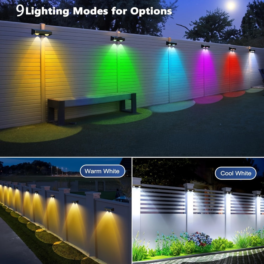Solar Fence Wall Lights Multicolor LED 9 Modes - Smart Dusk to Dawn Sensor Auto On Off Convex Lens Waterproof for Garden Yard Patio Deck Porch Holiday Christmas Halloween Decoration 4 or 8 Pack