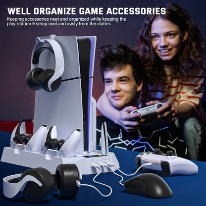 PS5 Cooling Station with Controller Charging Dock - Compatible with PS5 Slim Pro Standard Disc Digital, Dual Controller Charger Turbo Fan 3-Port USB Hub Headset Holder All-in-One PS5 Accessory