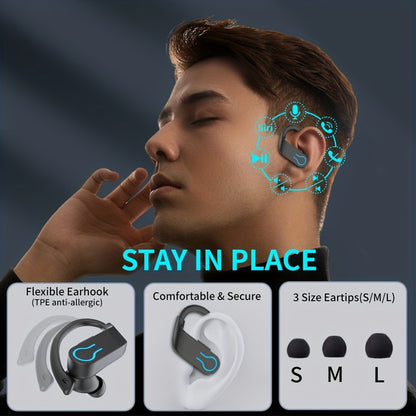 TWS Earhook Wireless Earbuds Semi-Open Back with LED Charging Case, ENC Noise Reduction, Touch Volume Control, Built-In Microphone, True Wireless Bluetooth Headphones for Sports Travel Work
