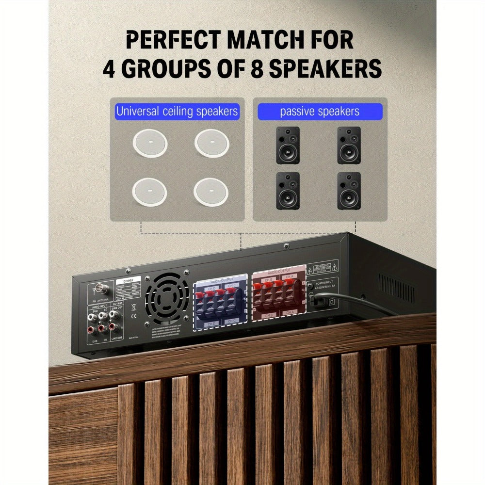 Donner 4-Channel Home Stereo Receiver Amplifier with USB SD FM Radio, Dual Mic Input Echo, RCA, LED Display for Home Sound System Karaoke Living Room