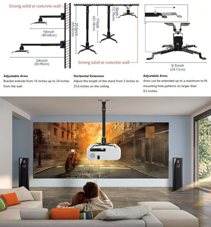 Ceiling Mounted Projector Bracket Adjustable Angle Height & Extendable Arm, 40LB Load Capacity, Universal LCD DLP Projector Mount Hanger for Home Theater Office Classroom