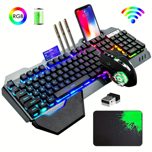 RGB Wireless Gaming Keyboard and Mouse Combo 2.4GHz Rechargeable Backlit Mechanical Feel Metal Panel for PC Laptop Desktop Black White Gamer Gift