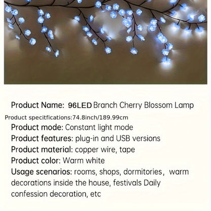Cherry Blossom LED Fairy Lights USB Powered – 96-Light Faux Floral Garland, Dimmable Warm & Cool White, Plug & Play | Firework, Butterfly & Pink Styles | Bedroom, Party & Holiday Indoor Decor