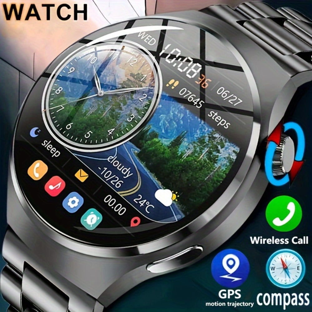 GPS Smartwatch Men with NFC & Multiple Strap Styles – 360×360 HD Screen Wireless Calling GPS Motion Trajectory Sports Fitness Tracker Heart Rate Sleep Monitor Outdoor Watch Black Steel Mesh Faux Leather