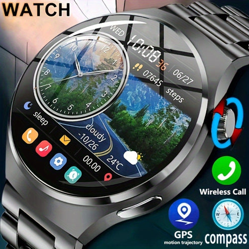 GPS Smartwatch Men with NFC & Multiple Strap Styles – 360×360 HD Screen Wireless Calling GPS Motion Trajectory Sports Fitness Tracker Heart Rate Sleep Monitor Outdoor Watch Black Steel Mesh Faux Leather
