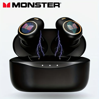 Monster True Wireless Earbuds Bluetooth 5.3 TWS Hi-Fi Sound Dual Noise-Cancelling Mic Touch Control Type-C Charging Case Lightweight Comfortable Fit Premium Black Gold Earphones