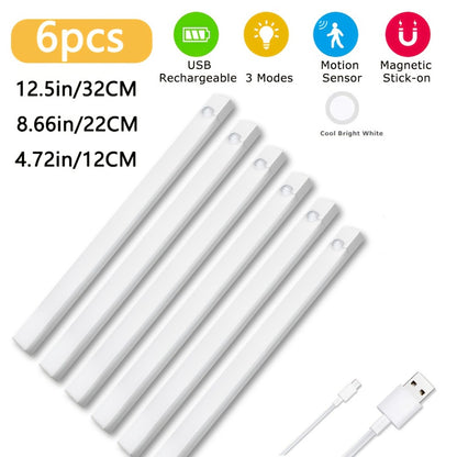 Motion Sensor Cabinet Light 6 Pack Wireless - USB Rechargeable 800mAh LED Night Light, 3 Brightness Modes, Adhesive Mount for Kitchen, Bedroom, Stairs, Closet, Hallway & Home Office