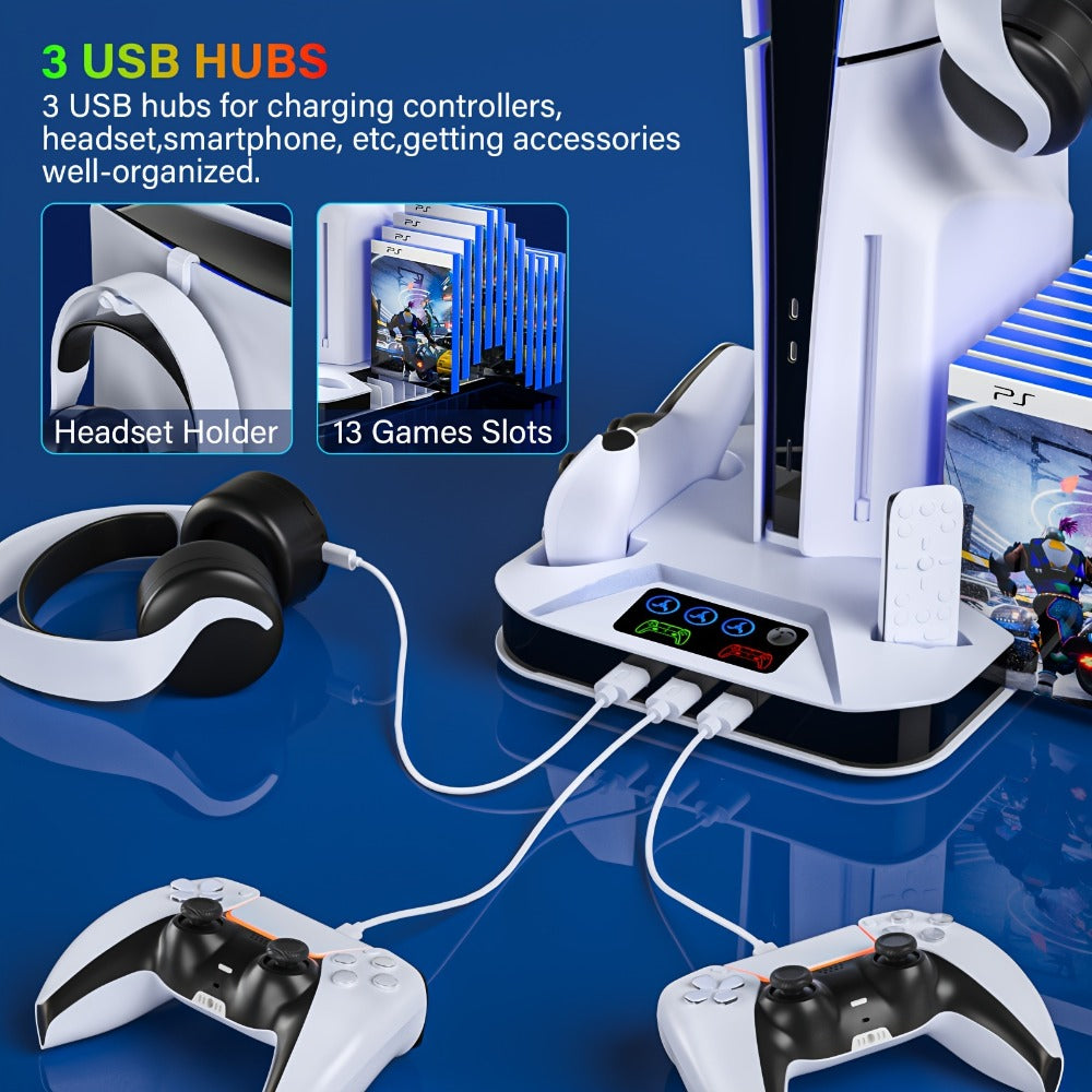 PS5 Cooling Station with USB Hub & Dual Controller Charging Dock for PS5/Slim/Pro, PlayStation 5 Stand Cooler with 3 USB Hubs, Headset Holder, Cooling Fan, Fits Disc & Digital Edition