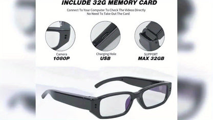 Camera Glasses 1080P HD Spy Hidden Wearable Video Recorder – TF Card 32GB/64GB, No Driver Plug & Play USB, Hands-Free POV Recording for Sports Outdoor Meeting Travel | Unique Tech Gift for Men
